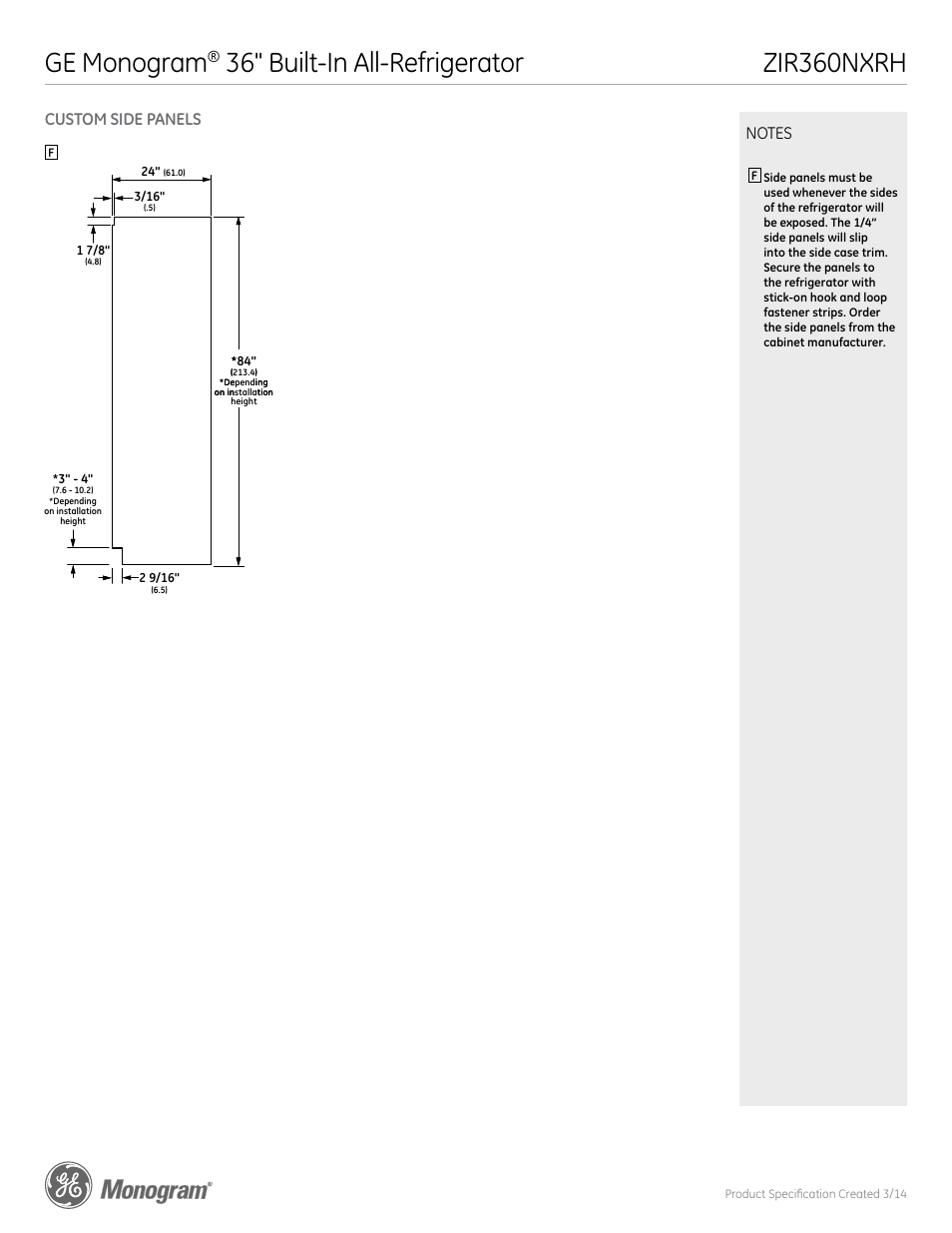 Ge monogram, Custom side panels | GE ZIR360NXRH User Manual | Page 3 / 6