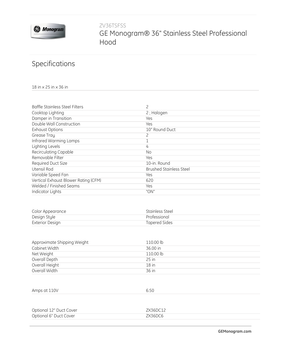 Ge monogram® 36" stainless steel professional hood, Specifications | GE ZV36TSFSS User Manual | Page 2 / 3