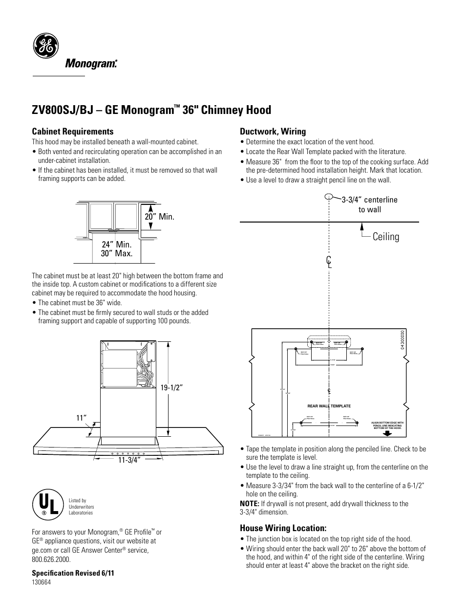 Zv800sj/bj – ge monogram, 36" chimney hood, Ceiling | Cabinet requirements, Ductwork, wiring, House wiring location, 3/4” centerline to wall | GE ZV800SJSS User Manual | Page 3 / 4