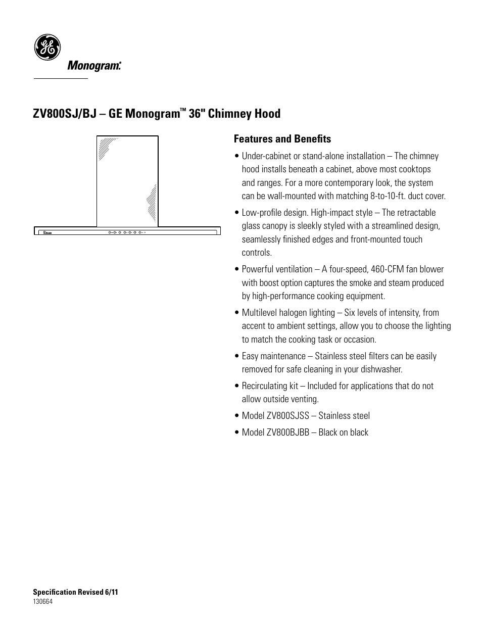 Zv800sj/bj – ge monogram, 36" chimney hood | GE ZV800SJSS User Manual | Page 4 / 4