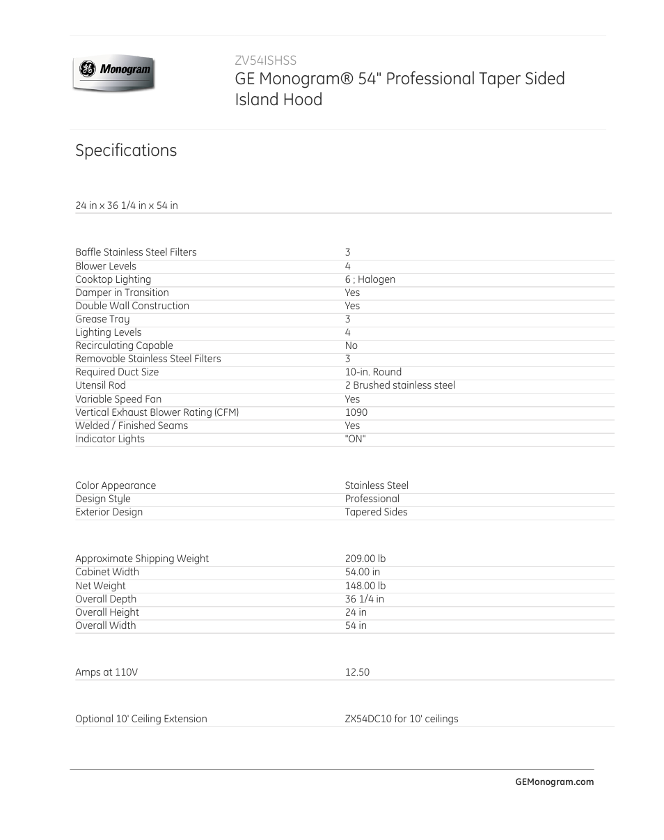 Specifications | GE ZV54ISHSS User Manual | Page 2 / 3