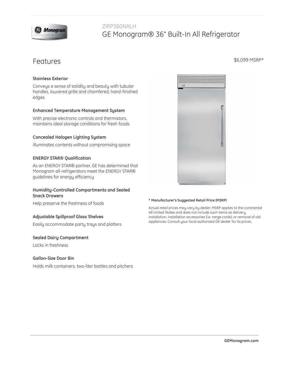 GE ZIRP360NXLH User Manual | 3 pages