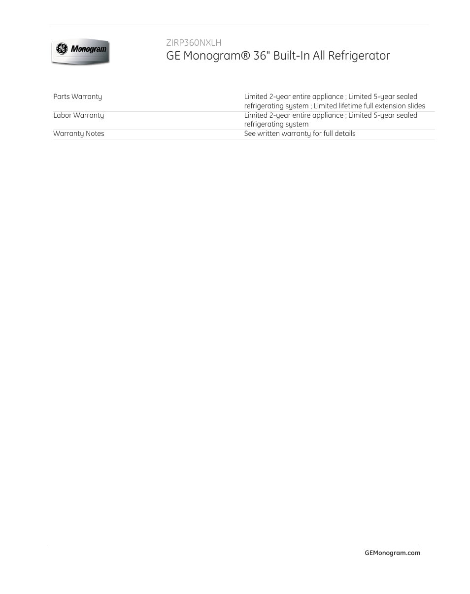 Ge monogram® 36" built-in all refrigerator | GE ZIRP360NXLH User Manual | Page 3 / 3