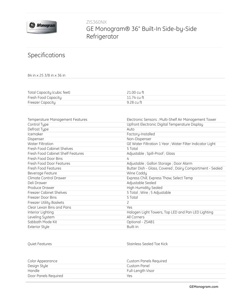 Specifications, Zis360nx | GE ZIS360NX User Manual | Page 3 / 4