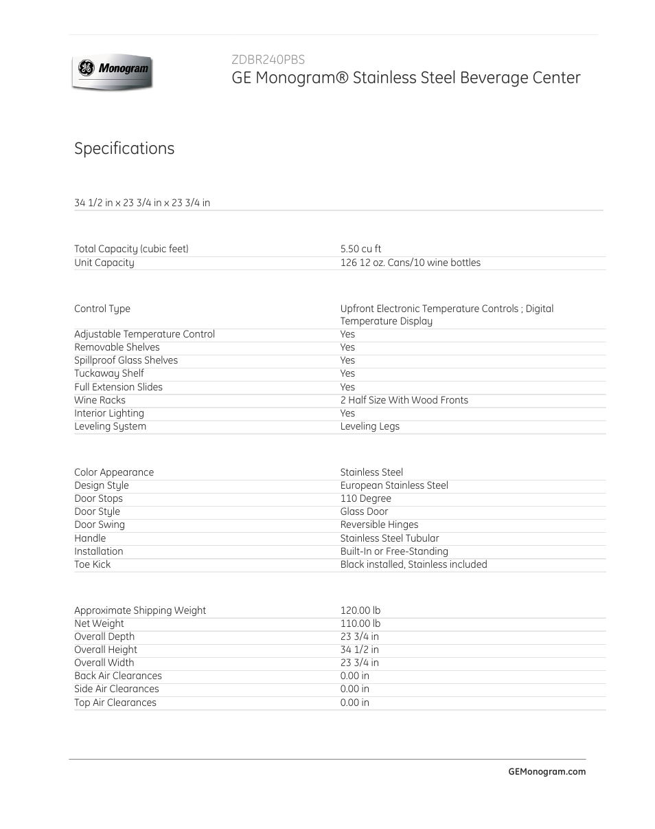 Ge monogram® stainless steel beverage center, Specifications, Zdbr240pbs | GE ZDBR240PBS User Manual | Page 3 / 4