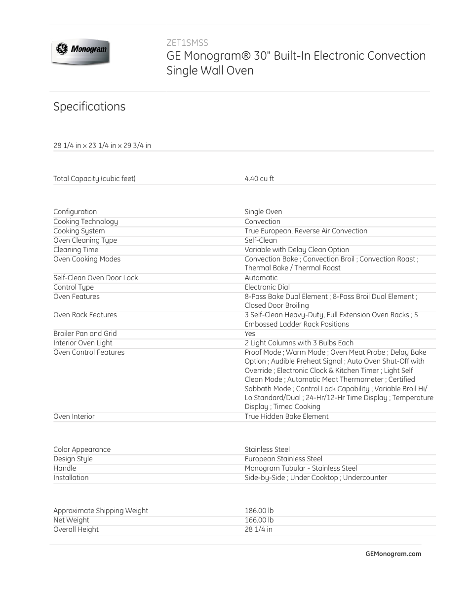 Specifications | GE ZET1SMSS User Manual | Page 3 / 4
