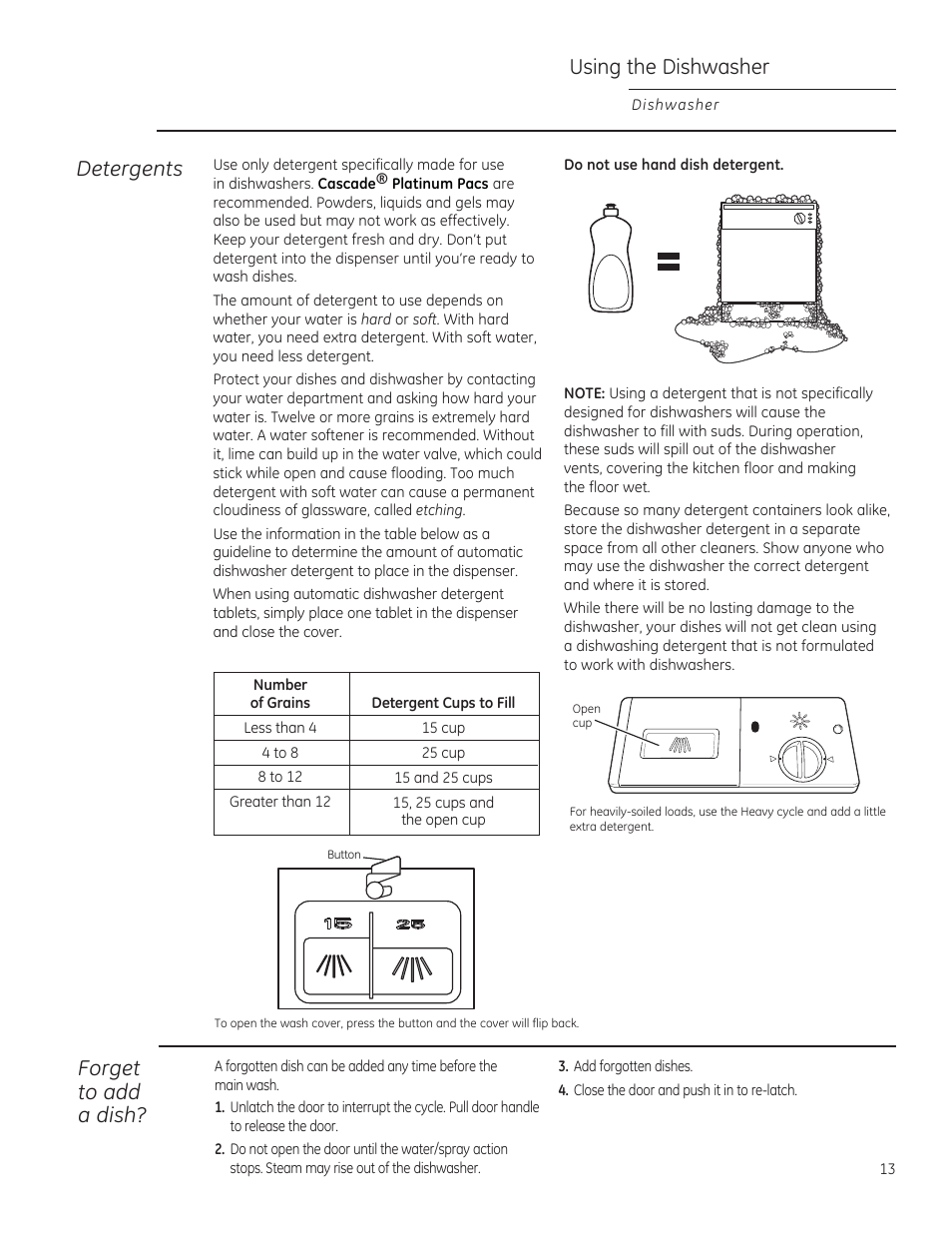 Detergents, Using the dishwasher, Forget to add a dish | GE ZBD1850NII User Manual | Page 13 / 24