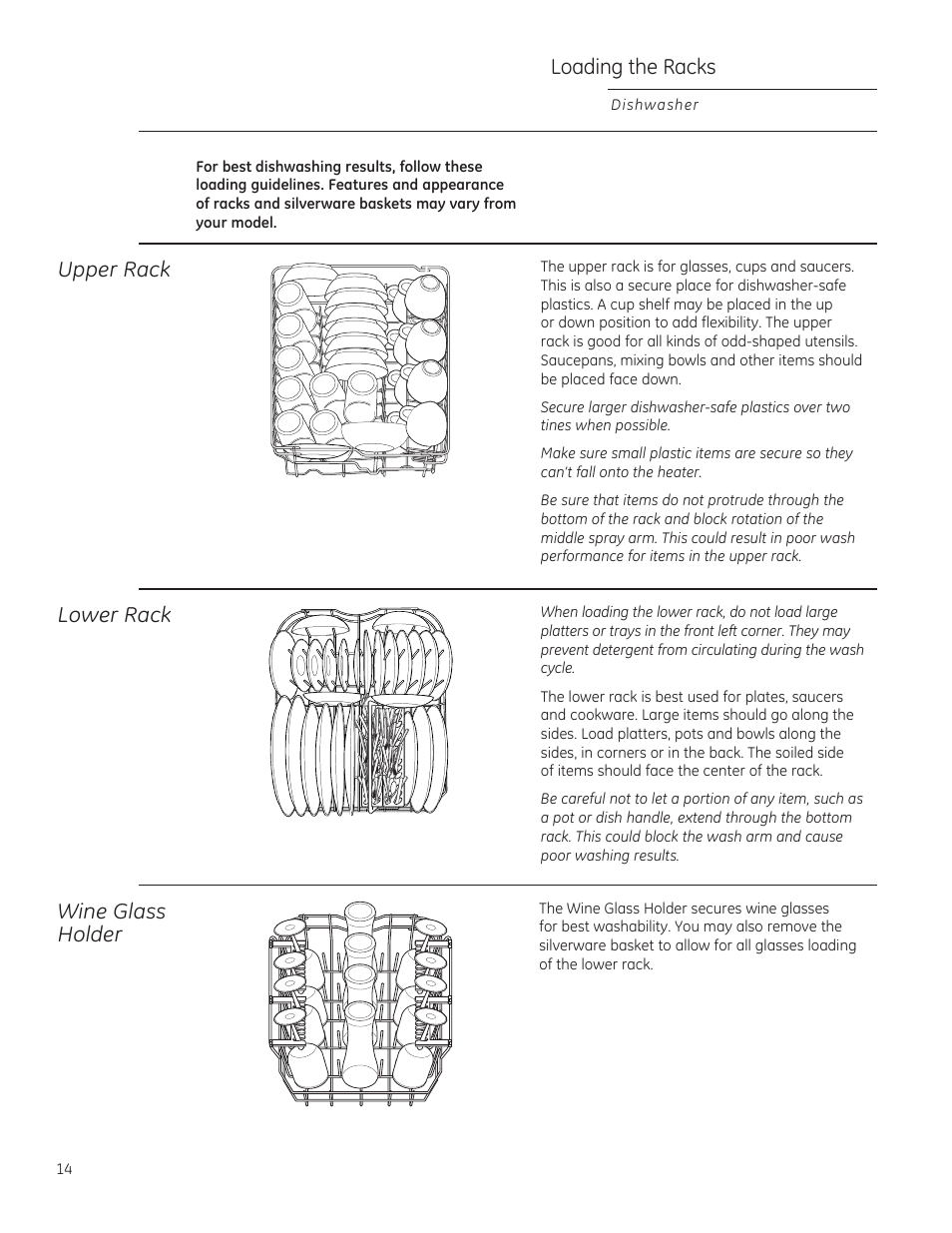 Upper rack, Lower rack, Loading the racks | Wine glass holder | GE ZBD1850NII User Manual | Page 14 / 24