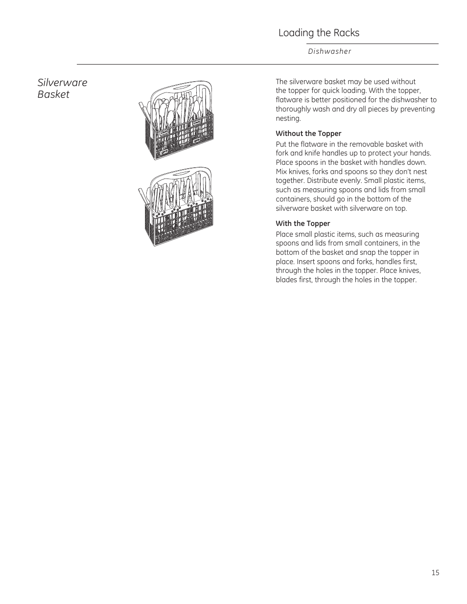 Silverware basket, Loading the racks | GE ZBD1850NII User Manual | Page 15 / 24