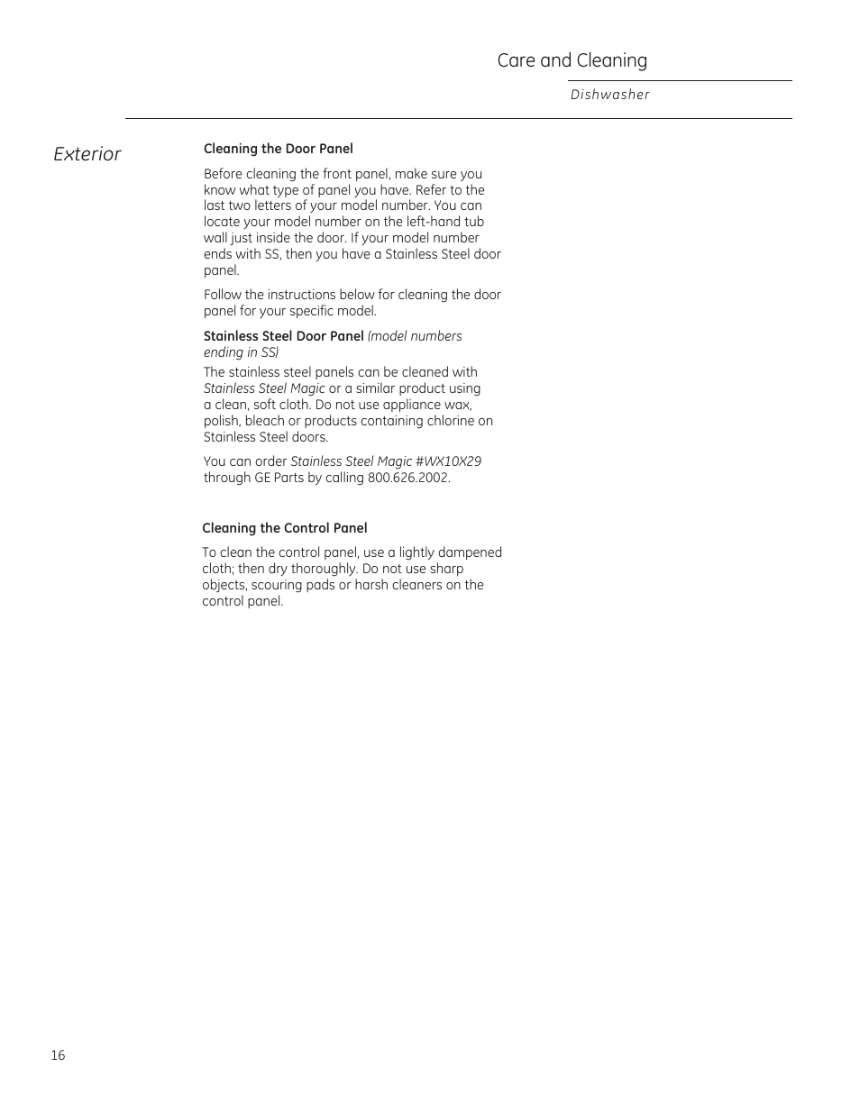 Care and cleaning, Exterior | GE ZBD1850NII User Manual | Page 16 / 24