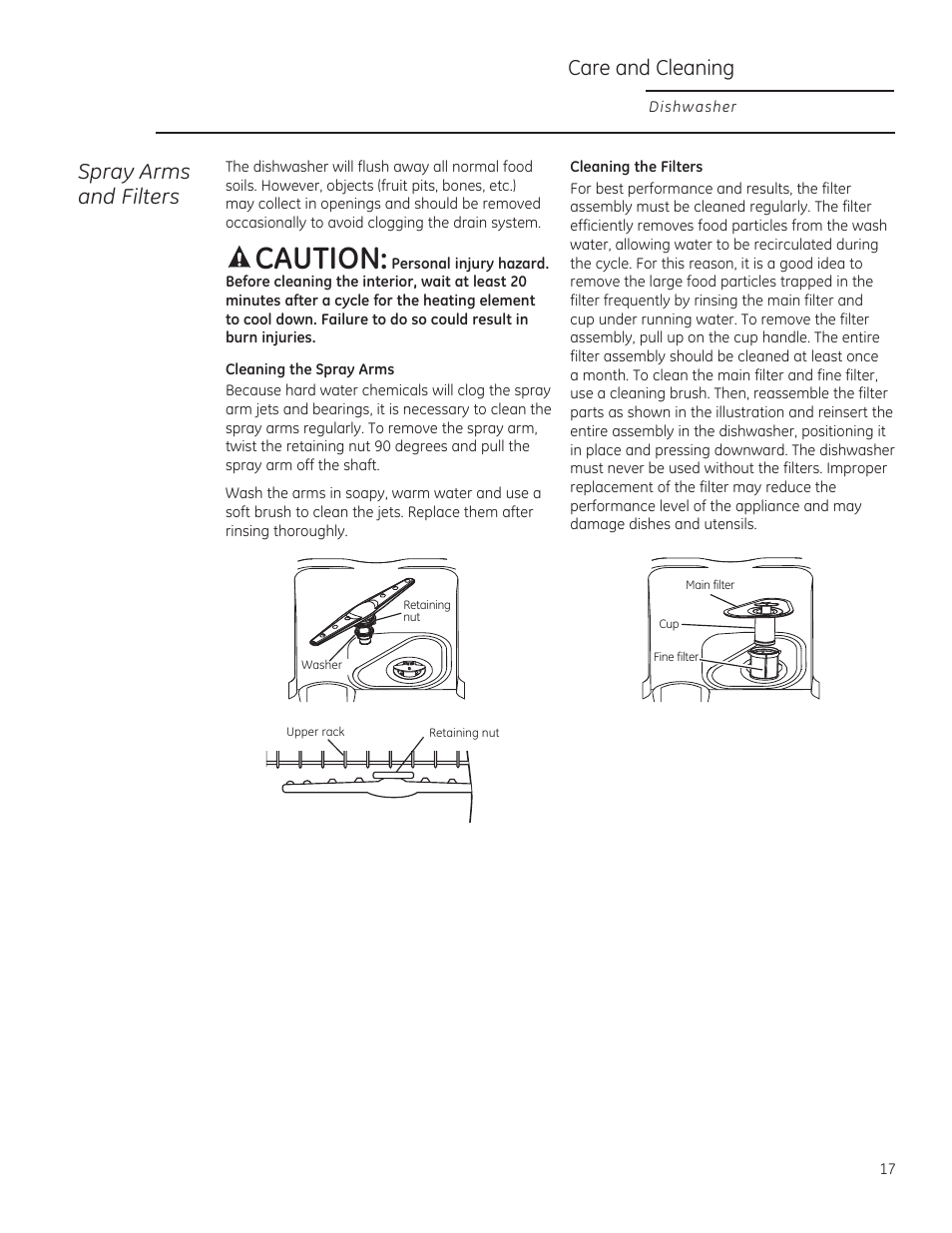 Caution, Care and cleaning, Spray arms and filters | GE ZBD1850NII User Manual | Page 17 / 24