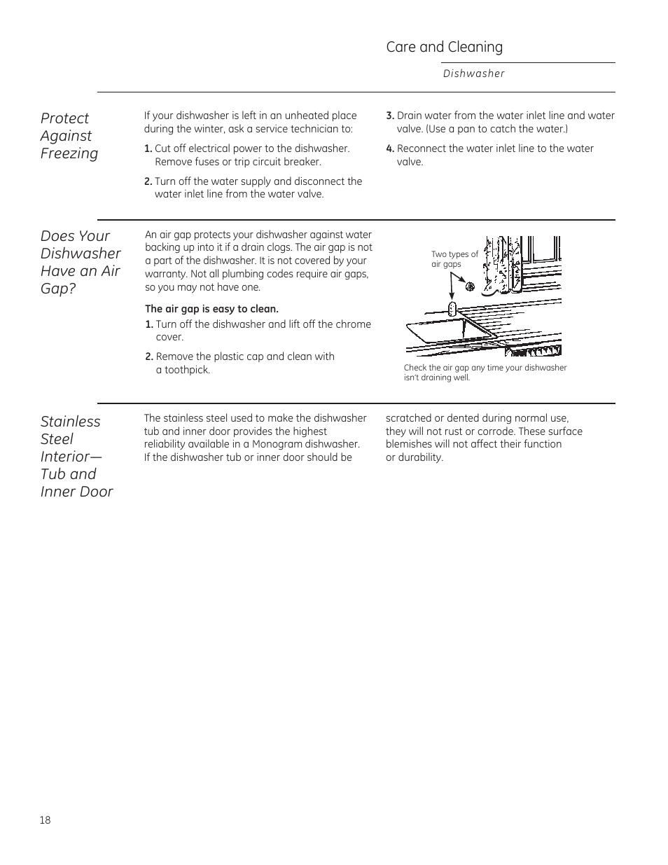 Care and cleaning, Protect against freezing, Does your dishwasher have an air gap | Stainless steel ,qwhulru³ tub and inner door | GE ZBD1850NII User Manual | Page 18 / 24