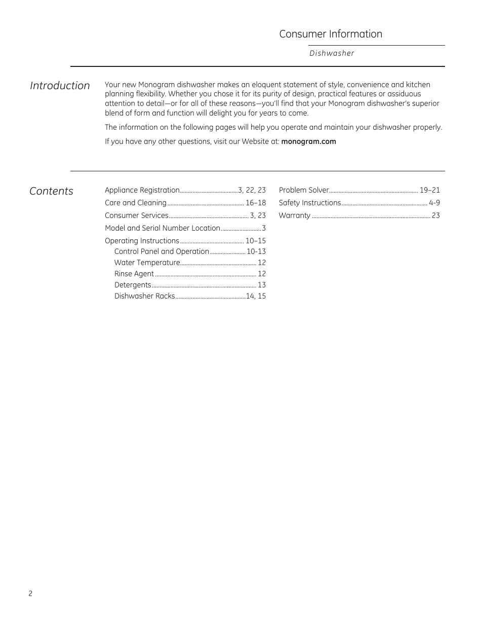 Consumer information, Introduction contents | GE ZBD1850NII User Manual | Page 2 / 24