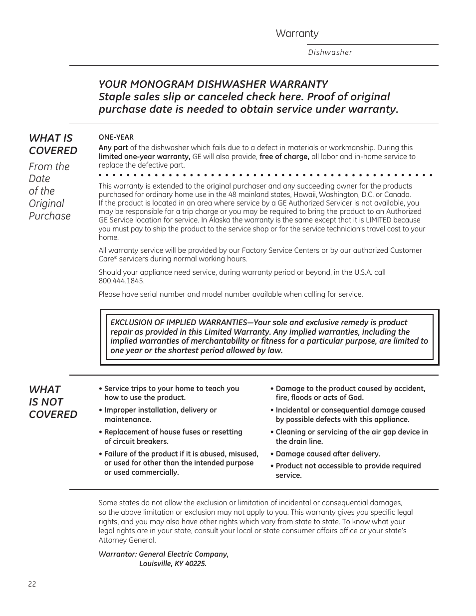 What is not covered, Warranty | GE ZBD1850NII User Manual | Page 22 / 24