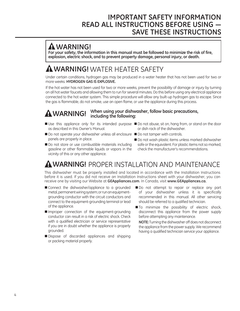 Warning | GE ZBD1850NII User Manual | Page 4 / 24