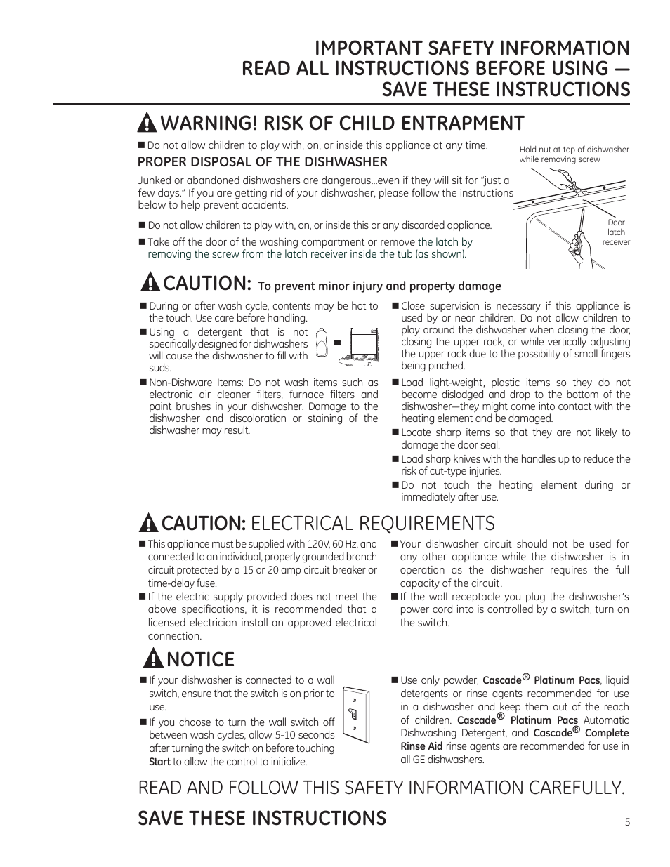 Caution, Caution: electrical requirements, Save these instructions | Notice, Warning! risk of child entrapment, Read and follow this safety information carefully | GE ZBD1850NII User Manual | Page 5 / 24