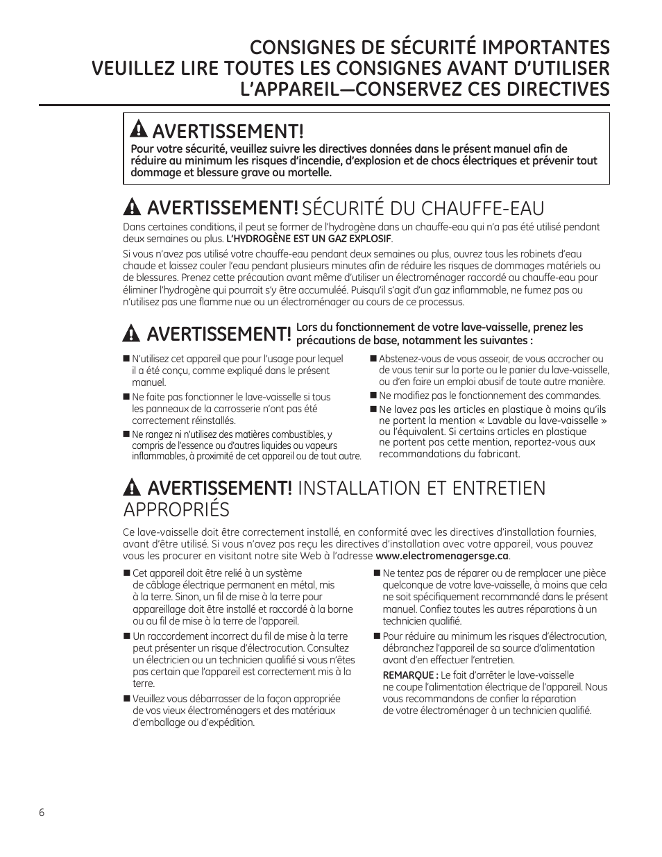 Sécurité du chauffe-eau installation et entretien, Avertissement, Avertissement! appropriés | GE ZBD1850NII User Manual | Page 6 / 24