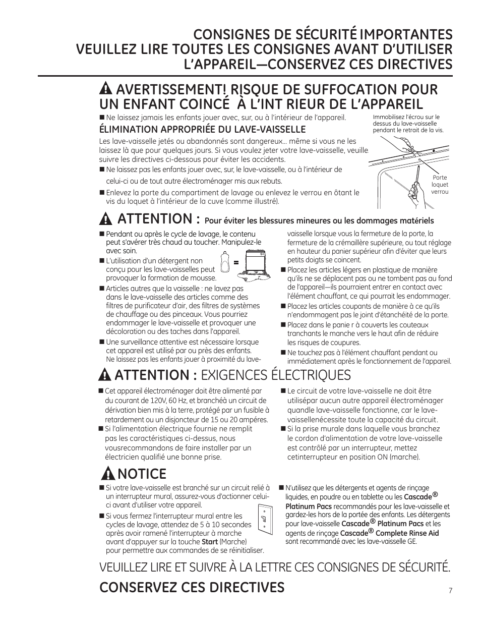Attention, Attention : exigences électriques, Conservez ces directives notice | GE ZBD1850NII User Manual | Page 7 / 24