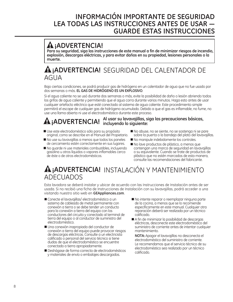 Advertencia, Adecuados ¡advertencia! ¡advertencia | GE ZBD1850NII User Manual | Page 8 / 24