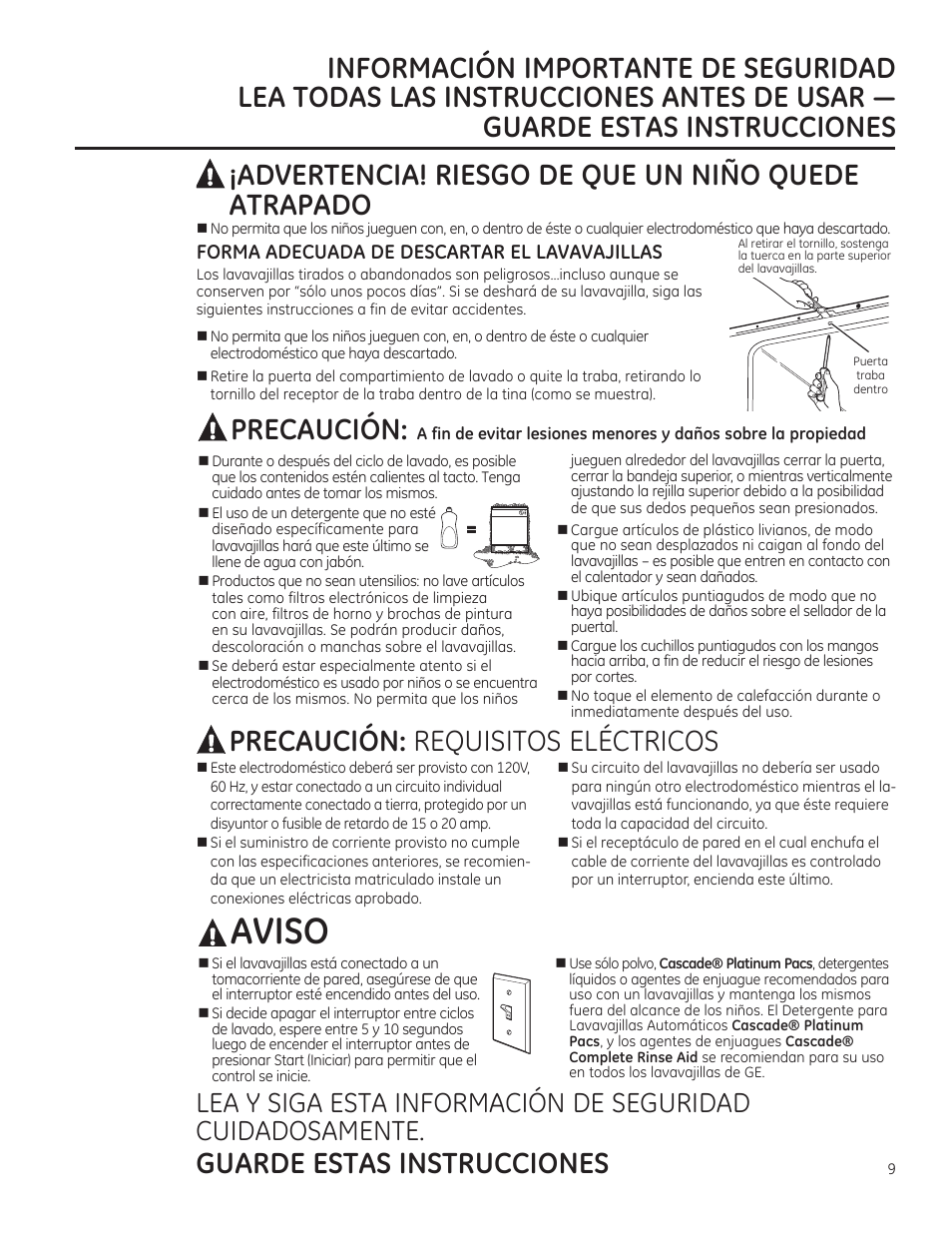 Aviso, Precaución, Precaución: requisitos eléctricos | Guarde estas instrucciones, Advertencia! riesgo de que un niño quede atrapado | GE ZBD1850NII User Manual | Page 9 / 24