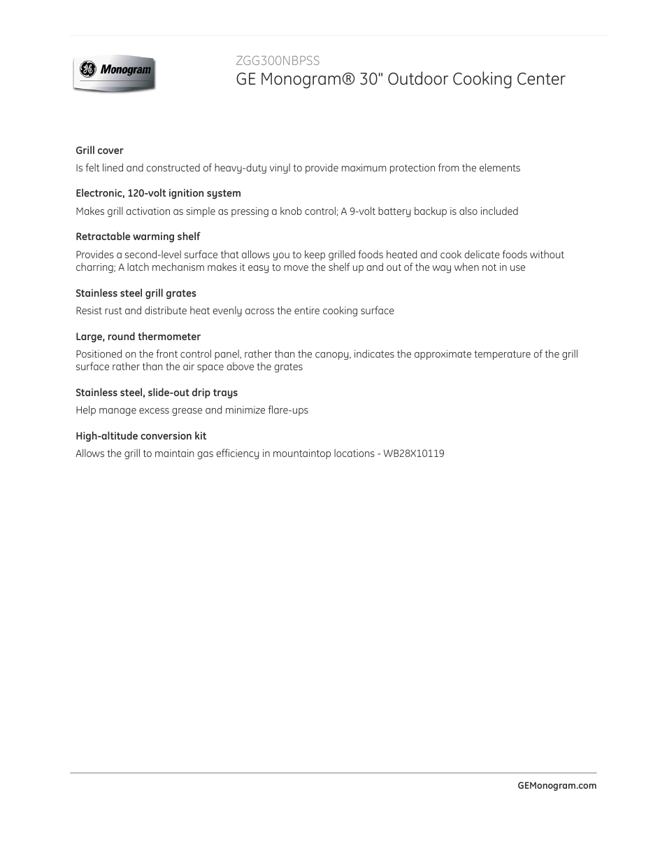 Ge monogram® 30" outdoor cooking center | GE ZGG300NBPSS User Manual | Page 2 / 4