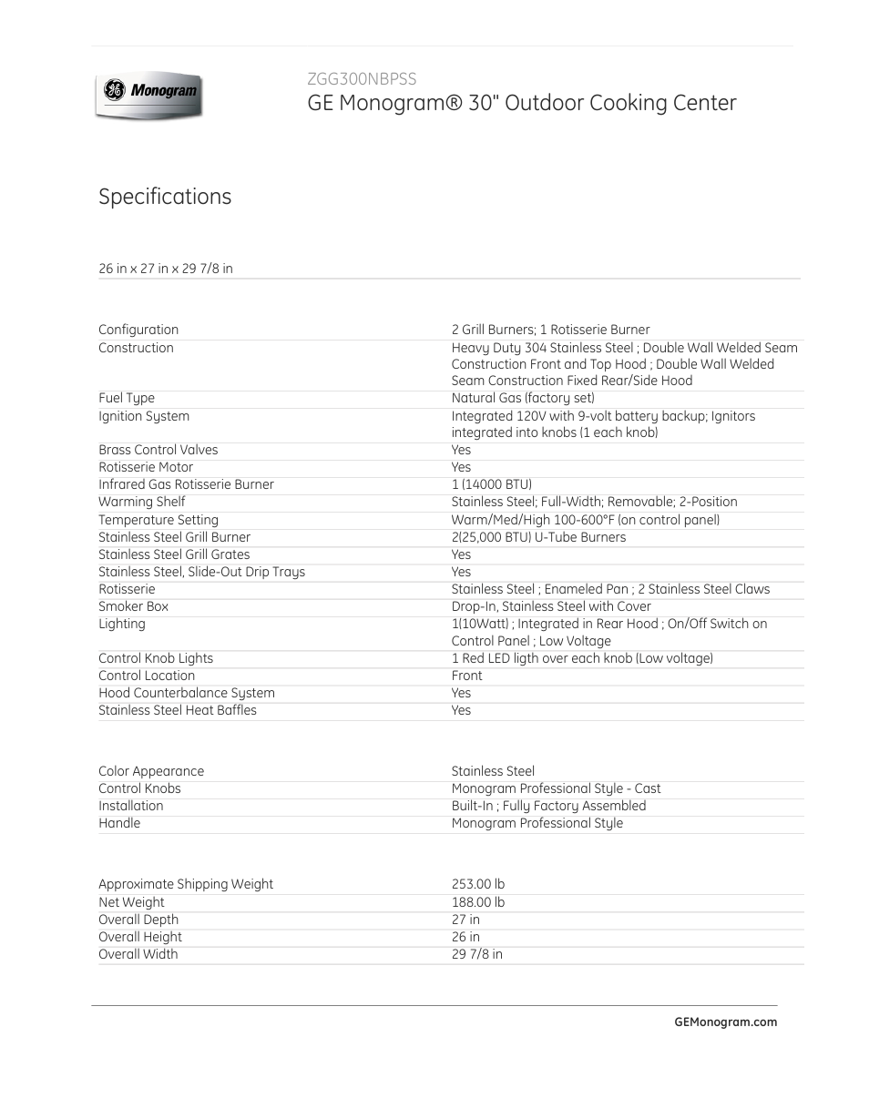 Ge monogram® 30" outdoor cooking center, Specifications, Zgg300nbpss | GE ZGG300NBPSS User Manual | Page 3 / 4