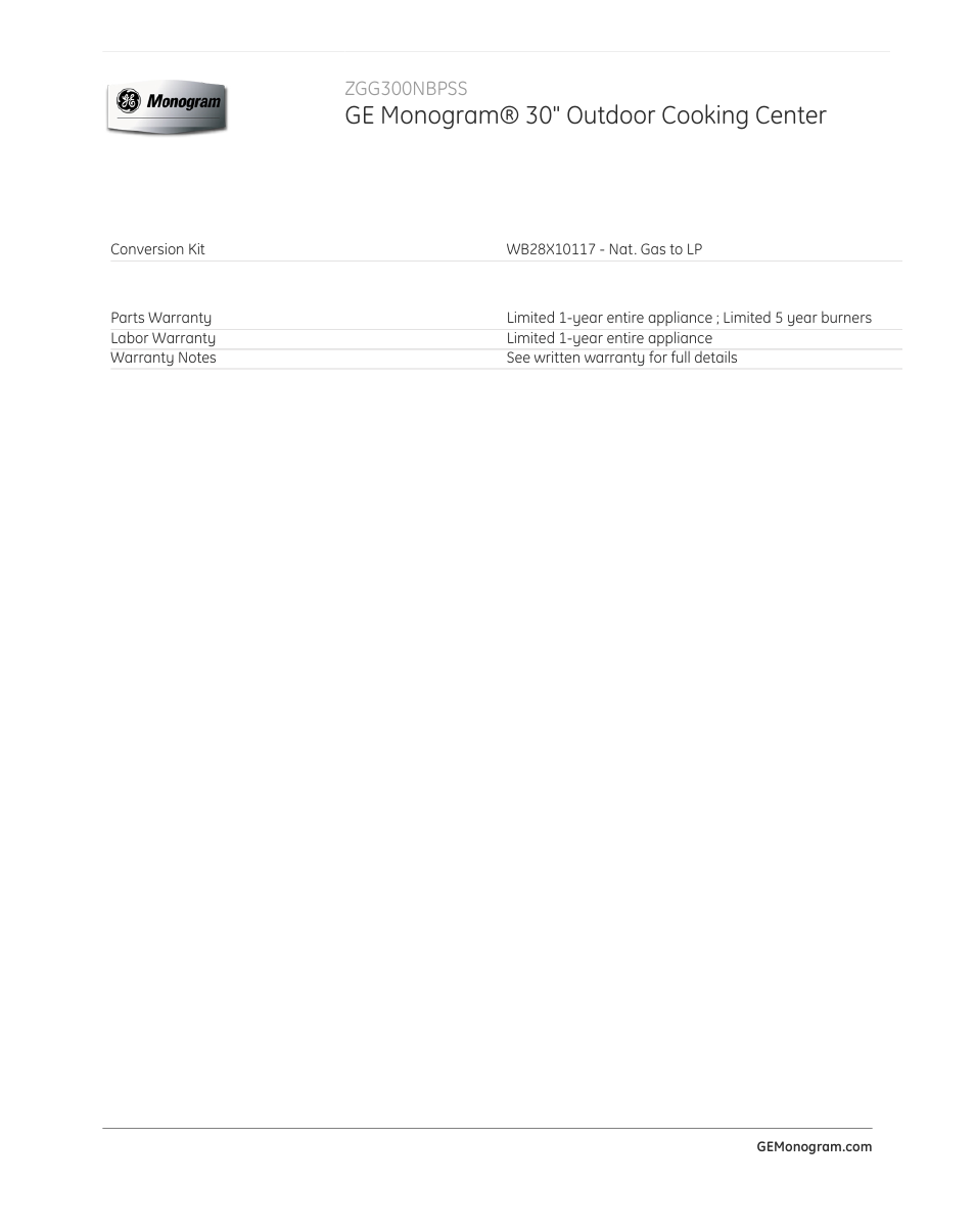 Ge monogram® 30" outdoor cooking center | GE ZGG300NBPSS User Manual | Page 4 / 4