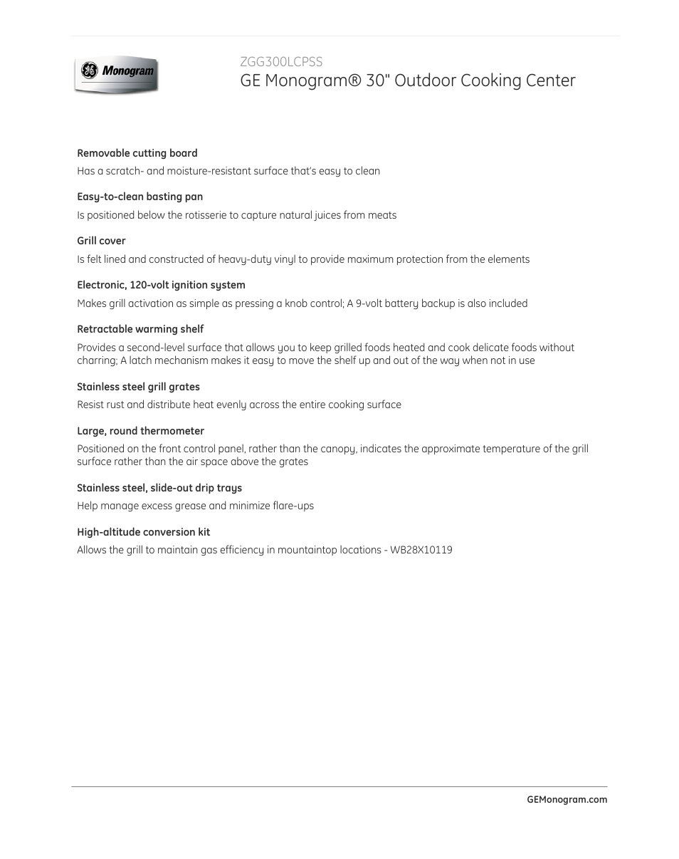 Ge monogram® 30" outdoor cooking center | GE ZGG300LCPSS User Manual | Page 2 / 4