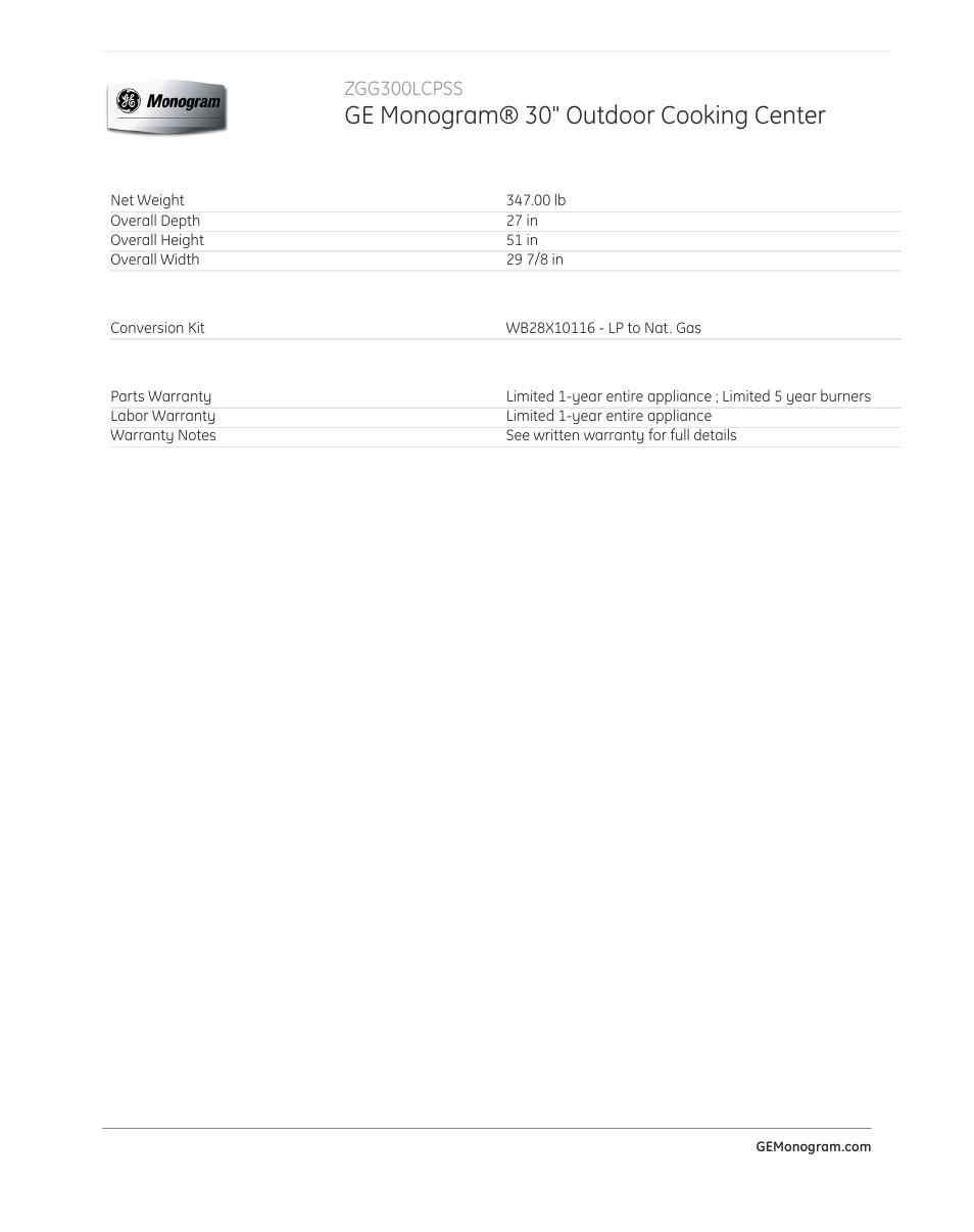 Ge monogram® 30" outdoor cooking center | GE ZGG300LCPSS User Manual | Page 4 / 4