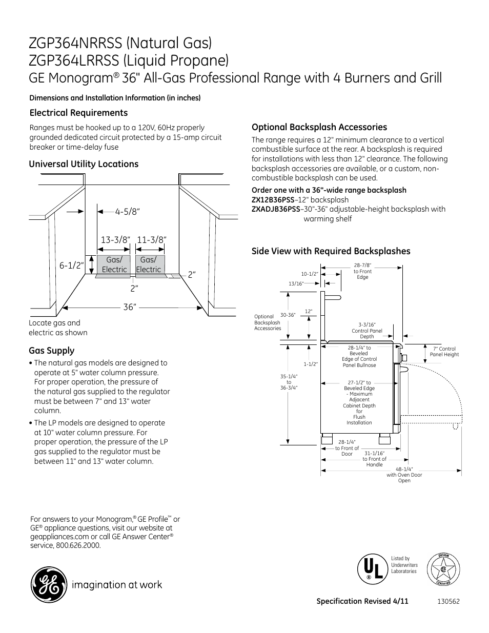Ge monogram, Electrical requirements, Optional backsplash accessories | Gas supply, Universal utility locations | GE ZGP364LRRSS User Manual | Page 2 / 3