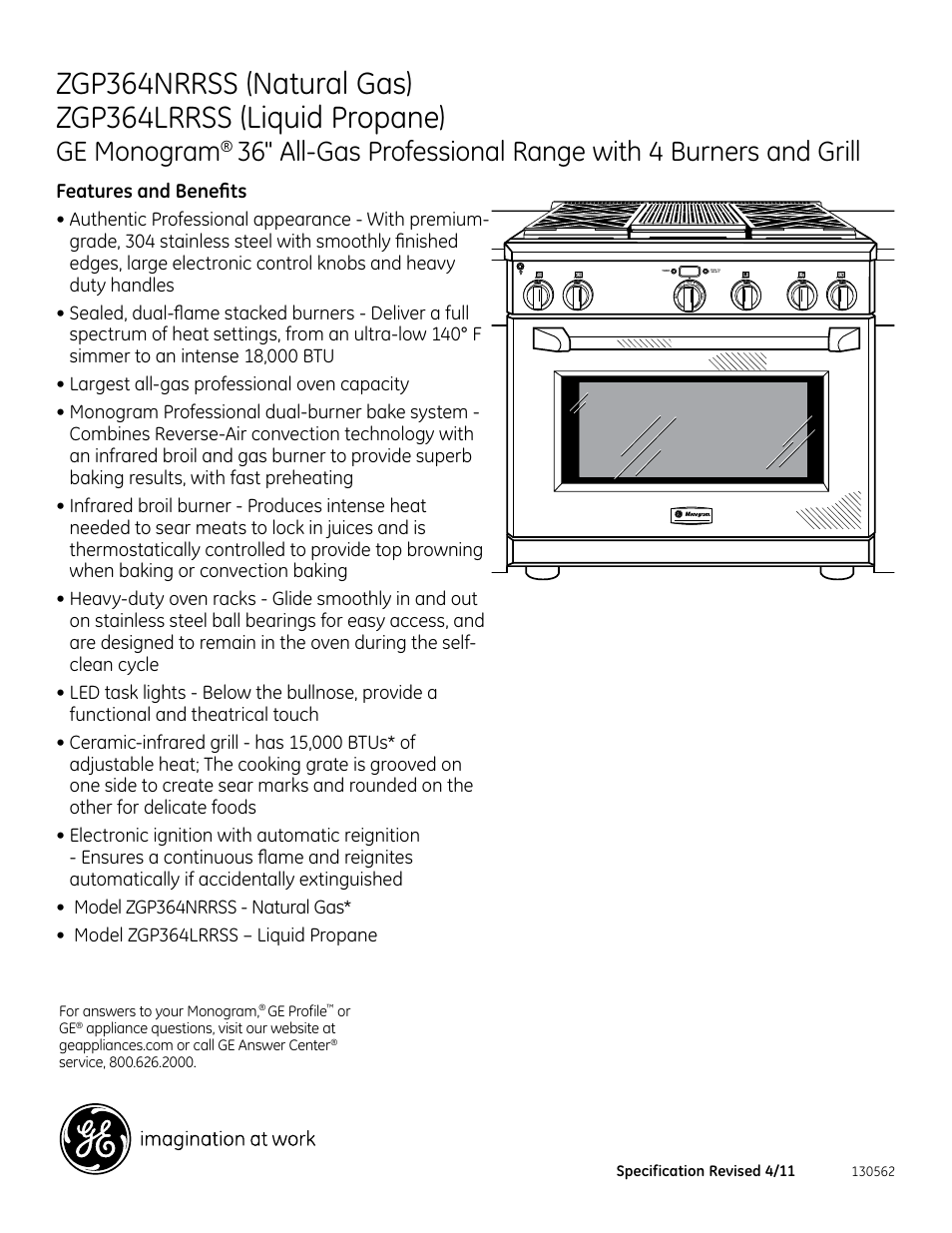 Ge monogram, Zdp364, Features and benefits | GE ZGP364LRRSS User Manual | Page 3 / 3