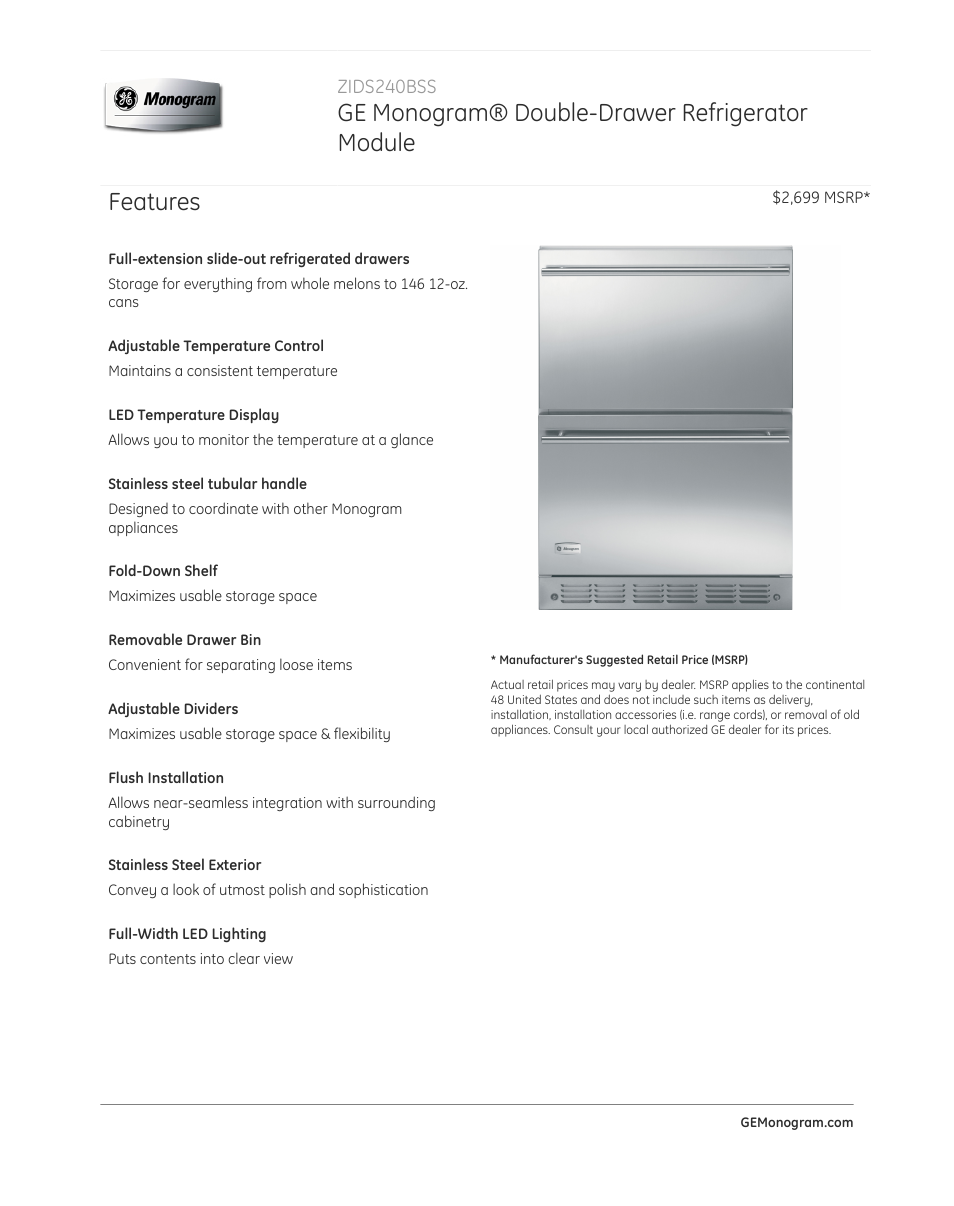 GE ZIDS240BSS User Manual | 3 pages