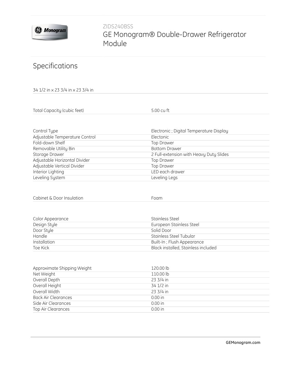 Specifications, Approximate dimensions (hxdxw), Capacity | Features, Economical, Appearance, Weights & dimensions, Warranty | GE ZIDS240BSS User Manual | Page 2 / 3