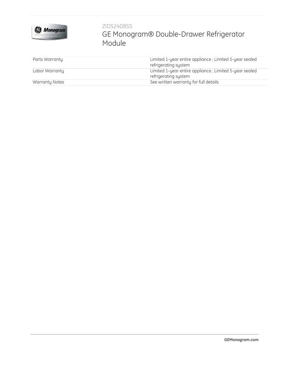 Ge monogram® double-drawer refrigerator module | GE ZIDS240BSS User Manual | Page 3 / 3