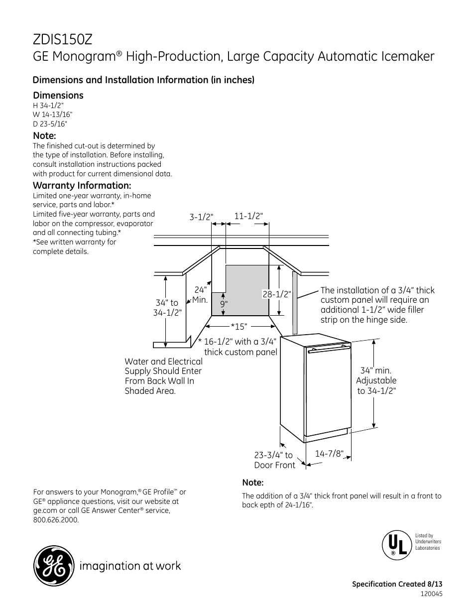 GE ZDIS150ZSS User Manual | 2 pages