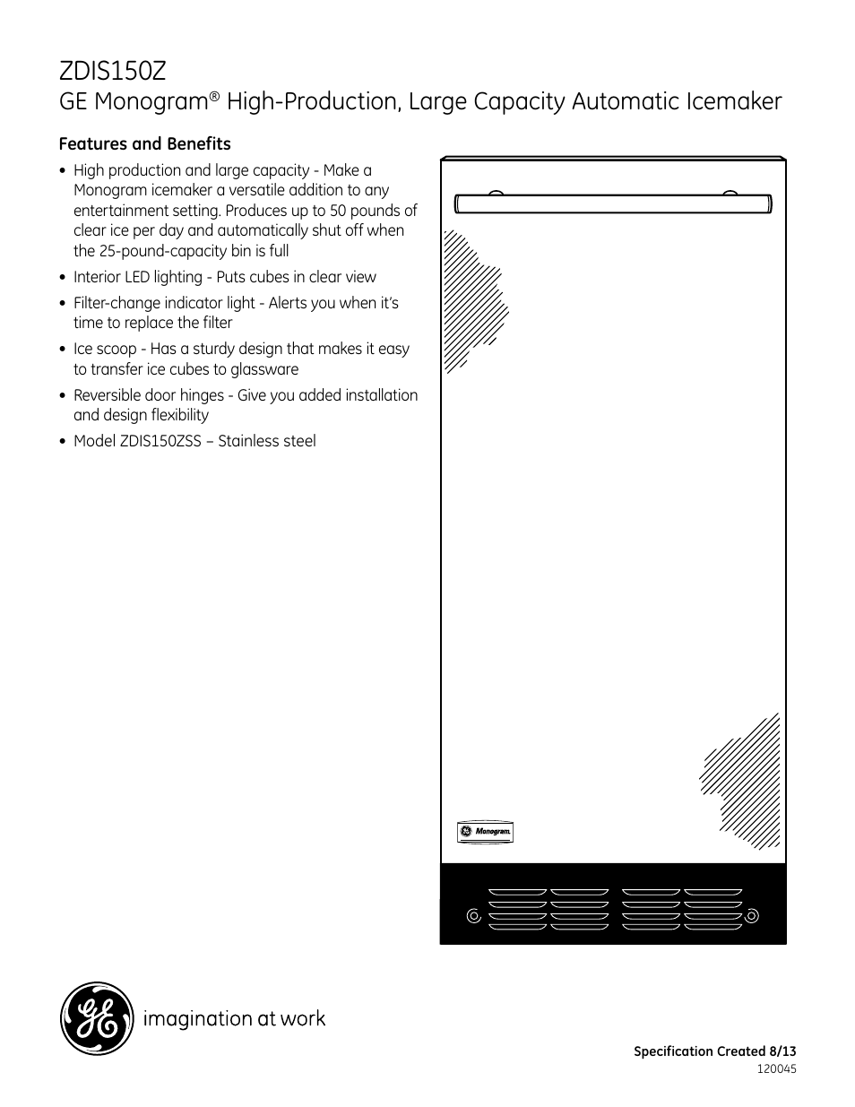 Zdis150z, Zdici50zbb zdisi50zss, Ge monogram | High-production, large capacity automatic icemaker | GE ZDIS150ZSS User Manual | Page 2 / 2