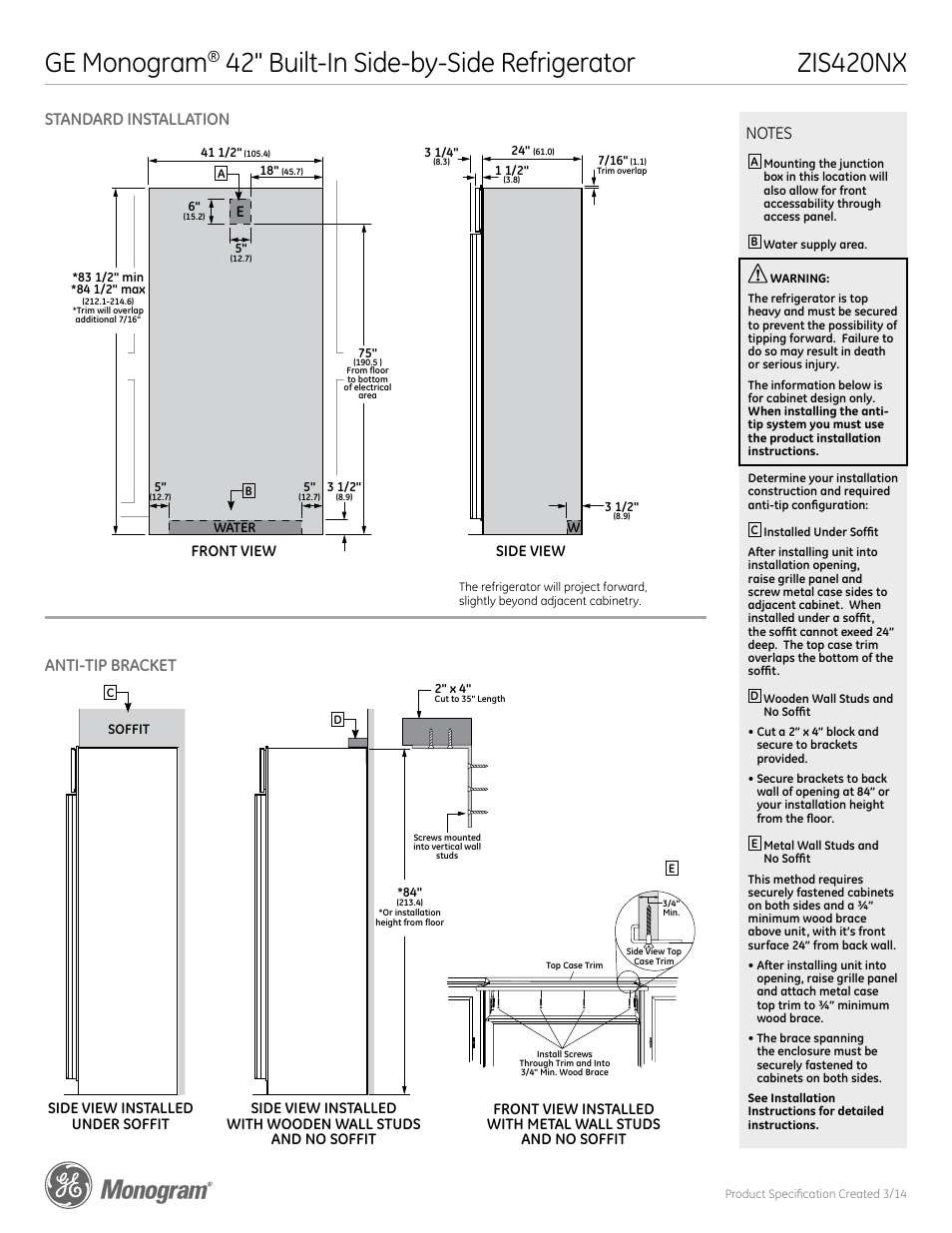 Zis420nx ge monogram, 42" built-in side-by-side refrigerator, Zis420nx | Standard installation anti-tip bracket | GE ZIS420NX User Manual | Page 2 / 5