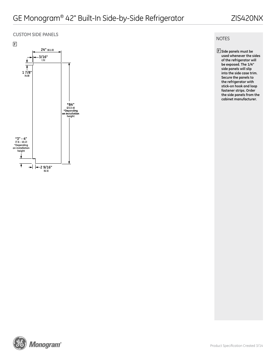 Zis420nx ge monogram, 42" built-in side-by-side refrigerator, Custom side panels | GE ZIS420NX User Manual | Page 3 / 5