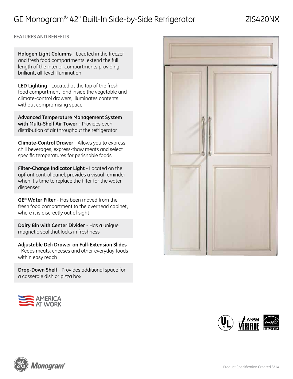 Zis420nx ge monogram, 42" built-in side-by-side refrigerator | GE ZIS420NX User Manual | Page 5 / 5