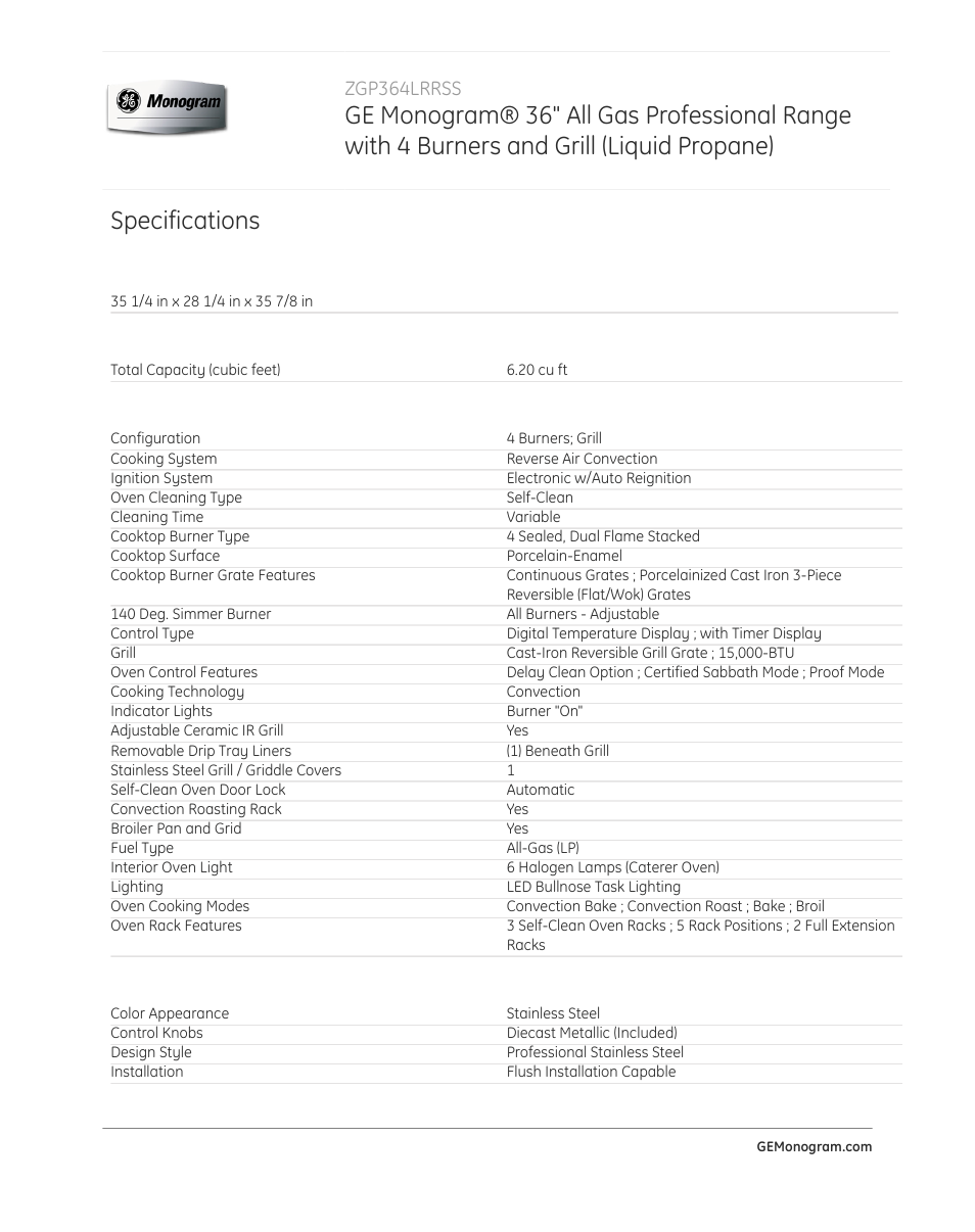 Specifications, Approximate dimensions (hxdxw), Capacity | Features, Appearance | GE ZGP364LRRSS User Manual | Page 3 / 4