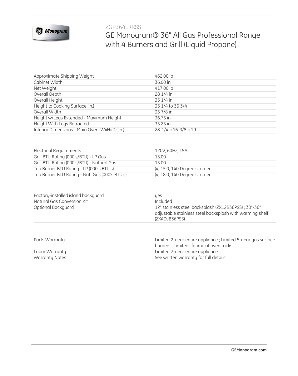 Weights & dimensions, Power/ratings, Accessories | Warranty | GE ZGP364LRRSS User Manual | Page 4 / 4