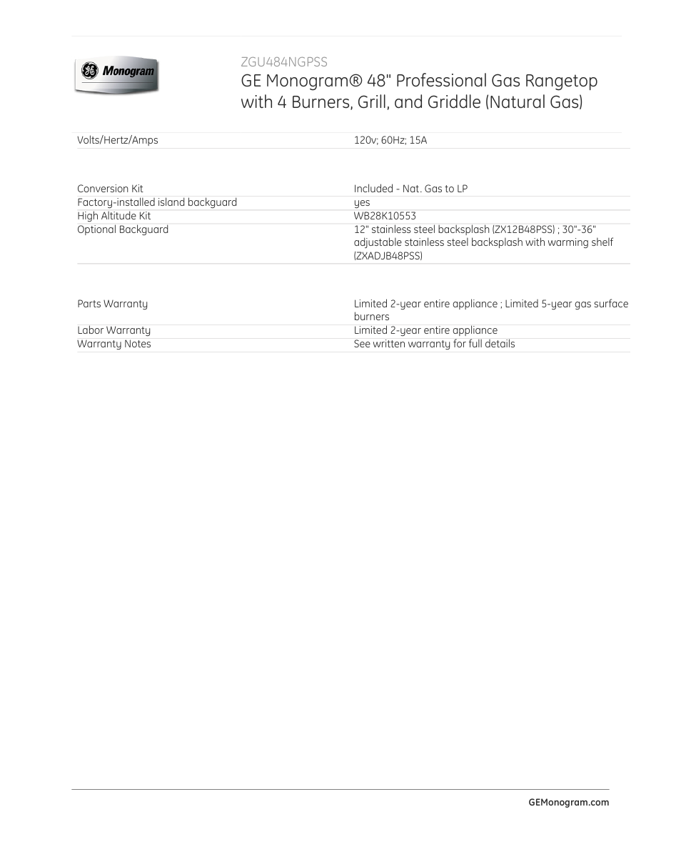 Accessories | GE ZGU484NGPSS User Manual | Page 3 / 3