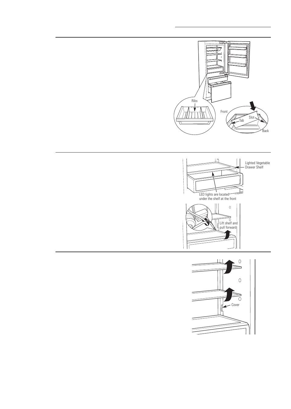 Adjustable shelves, Vegetable pan/shelves, Vegetable pan | Lighted vegetable drawer shelf | GE ZIK30GNDII User Manual | Page 10 / 68