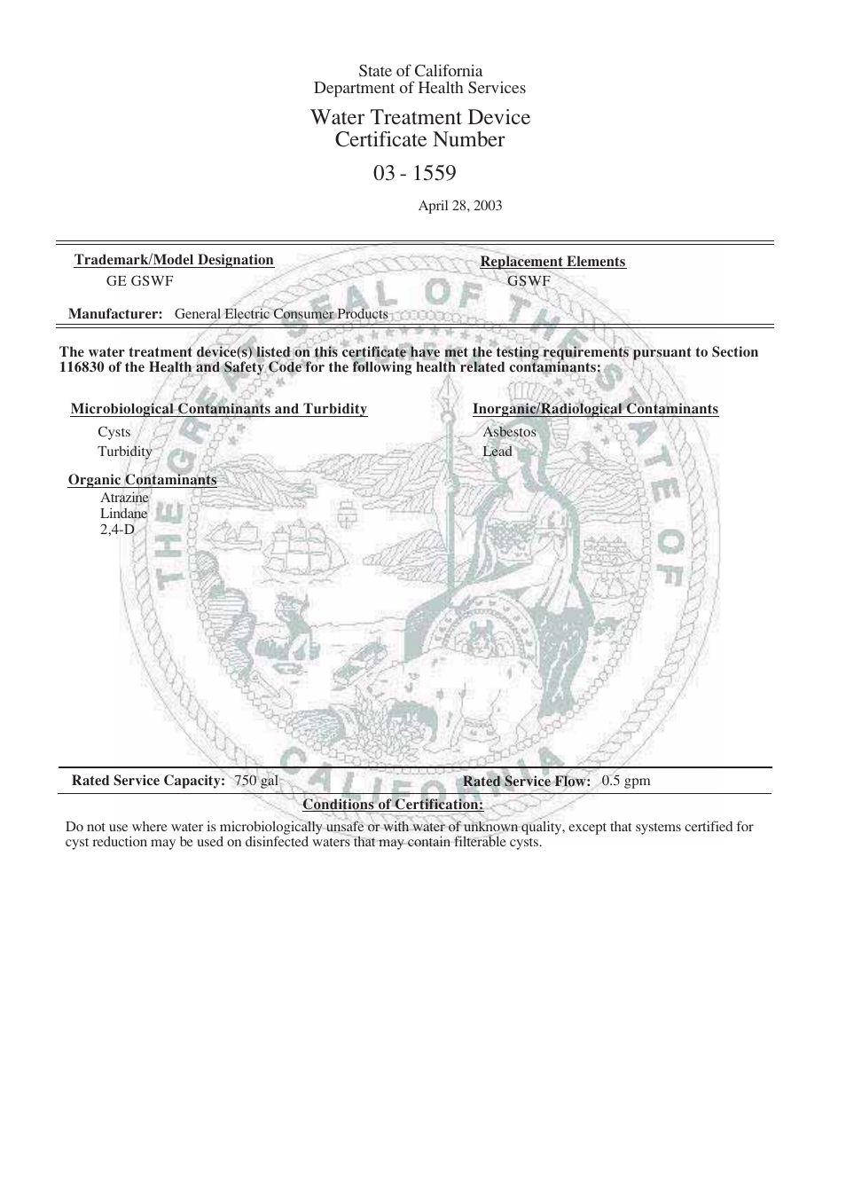 Water treatment device certificate number | GE ZIK30GNDII User Manual | Page 20 / 68