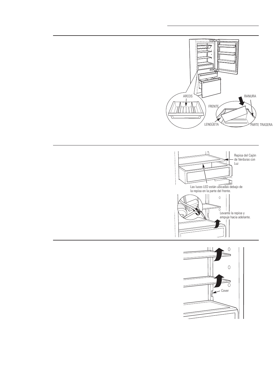 Repisas ajustables, Olla/ repisas de verduras, Olla de verduras | Repisa del cajón de verduras con luz | GE ZIK30GNDII User Manual | Page 57 / 68