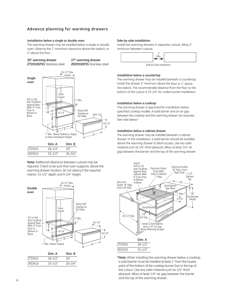 Advance planning for warming drawers | GE ZKD910SFSS User Manual | Page 2 / 2