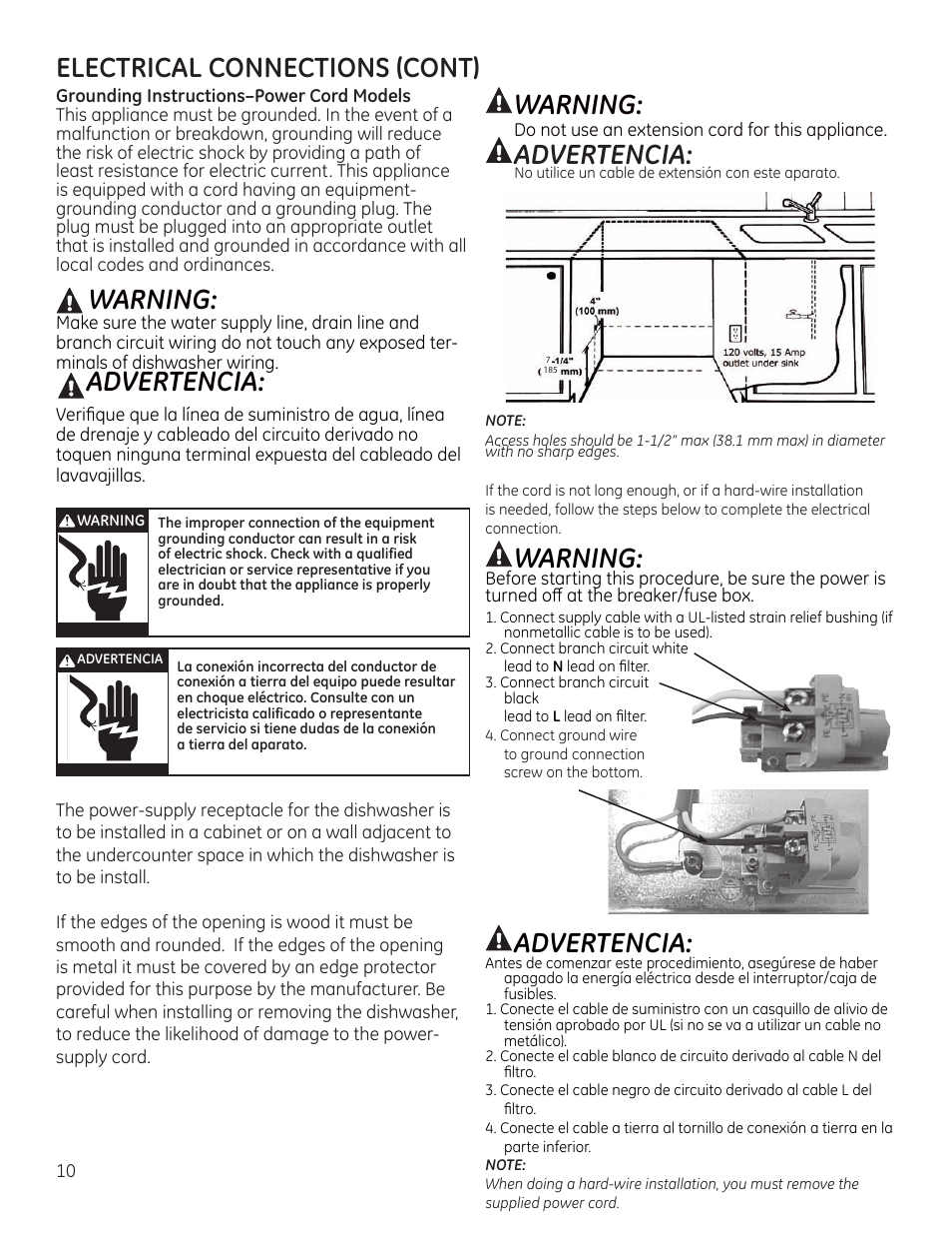 Warning, Advertencia, Electrical connections (cont) | GE ZBD9900RII User Manual | Page 10 / 32