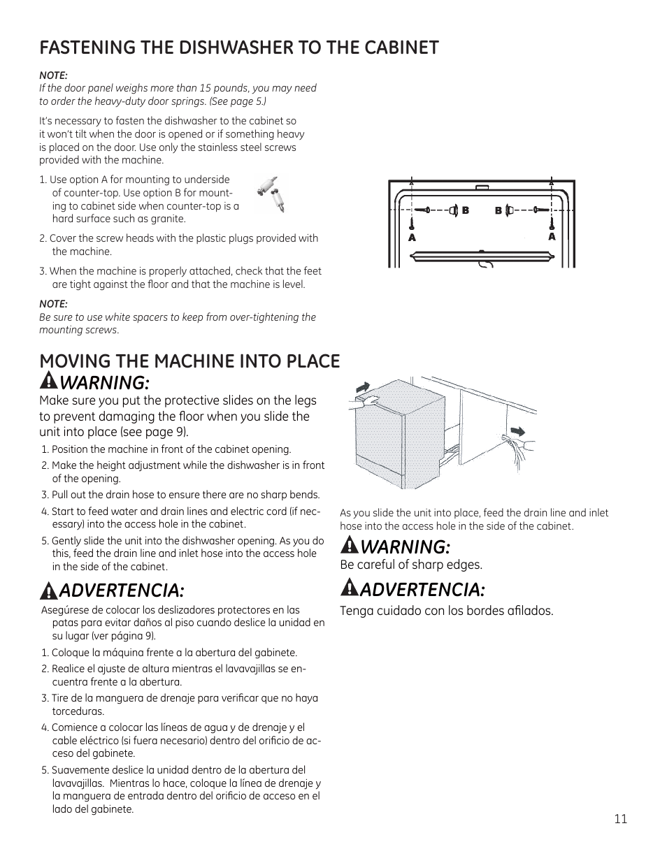 Fastening the dishwasher to the cabinet, Moving the machine into place warning, Advertencia | Warning | GE ZBD9900RII User Manual | Page 11 / 32