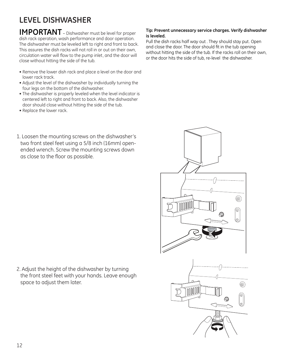 Level dishwasher important | GE ZBD9900RII User Manual | Page 12 / 32