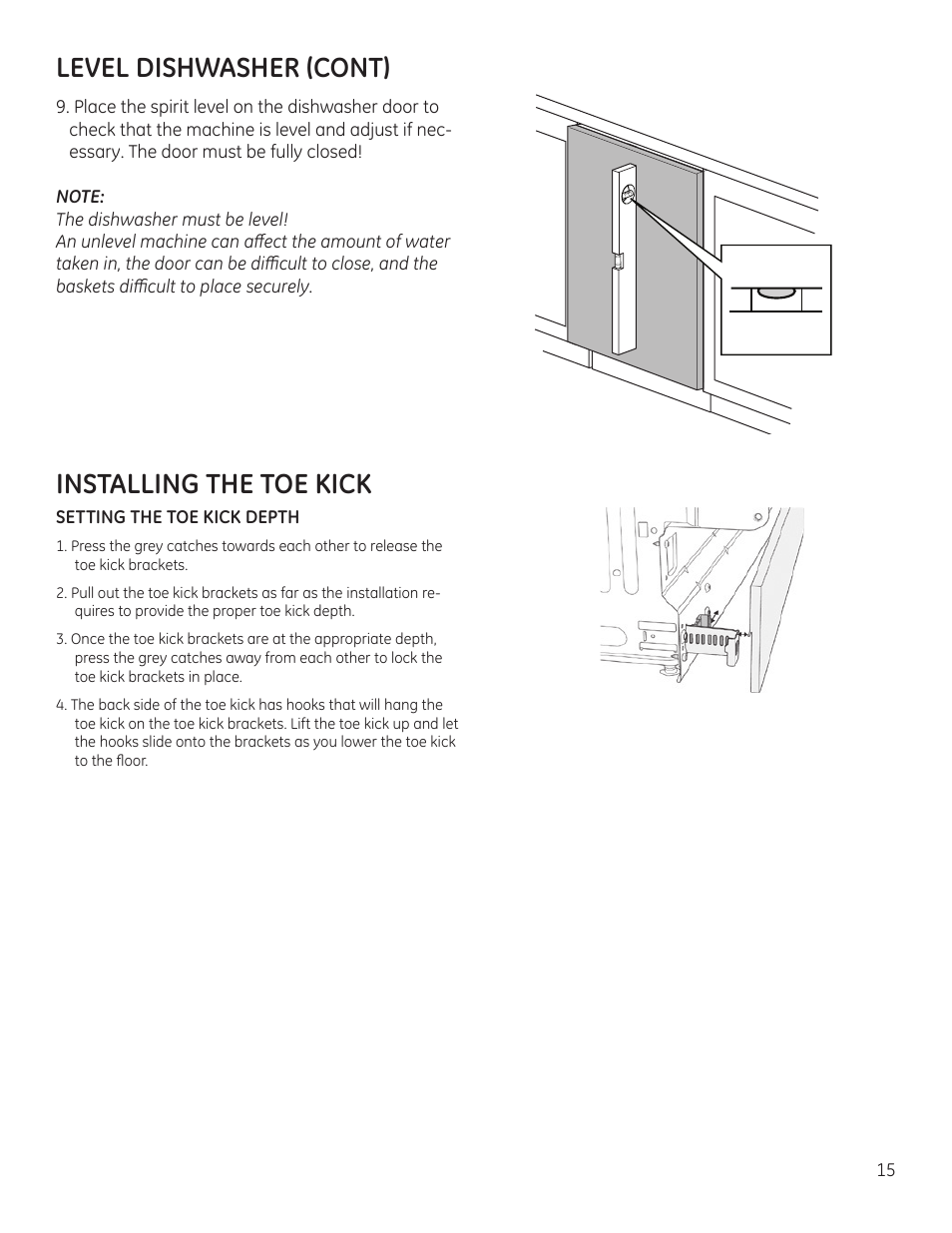 Level dishwasher (cont), Installing the toe kick | GE ZBD9900RII User Manual | Page 15 / 32